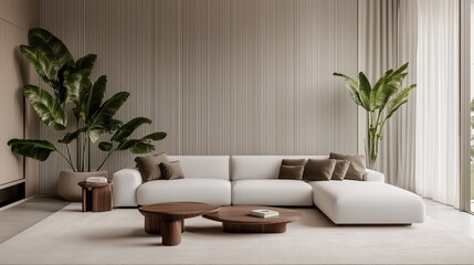 Modern Living Space with Plants: An inviting modern living space showcases a comfortable sectional sofa, accented by wooden coffee tables, lush green plants, and a neutral color palette.