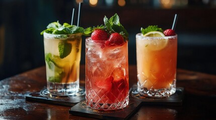 Three refreshing strawberry mojito drinks on a vintage wooden table, decorated with strawberries and fresh mint, perfect for a cool and vibrant refreshment. 