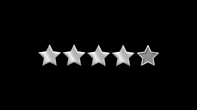 4 Silver stars out of 4 stars ranking system award graphic with clear alpha transparent overlay background animating on and light sweep animation [4K]