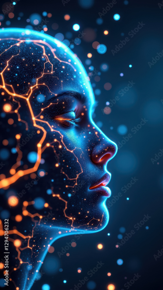 Poster a futuristic artistic representation of artificial general intelligence with cosmic elements inside 