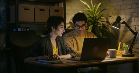Beautiful young stylishly dressed couple sitting in front of an open laptop talking and laughing...