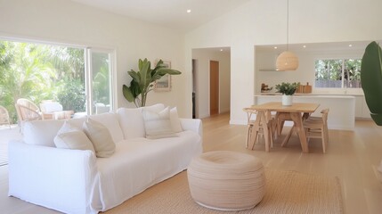 Serene Living Space: This image depicts a stylish and inviting living space with a bright and airy atmosphere. The room is furnished with comfortable seating, a dining area.