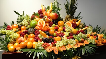 Vibrant display of assorted tropical fruits showcasing a colorful arrangement and intricate carvings.