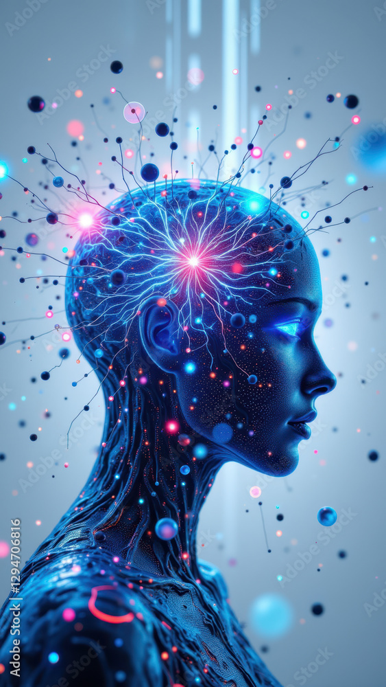 Poster An artistic representation of artificial general intelligence with a humanoid robot's head surrounded by cosmic imagery.
