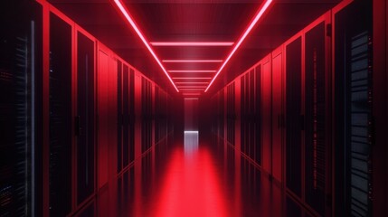 A shot of a corridor in a high-tech data center, lined with rack servers and supercomputers, illuminated by a dynamic visualization of high-speed internet projections.