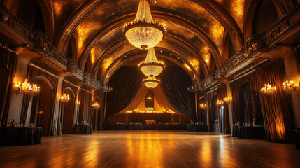 A Majestic Hall with Sweeping Arches, Golden Chandeliers, and Rich Velvet Curtains, Creating an Opulent Backdrop with Warm Tones and Dramatic Lighting