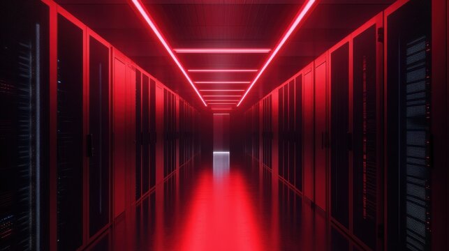 A shot of a corridor in a high-tech data center, lined with rack servers and supercomputers, illuminated by a dynamic visualization of high-speed internet projections. - Powered by Adobe