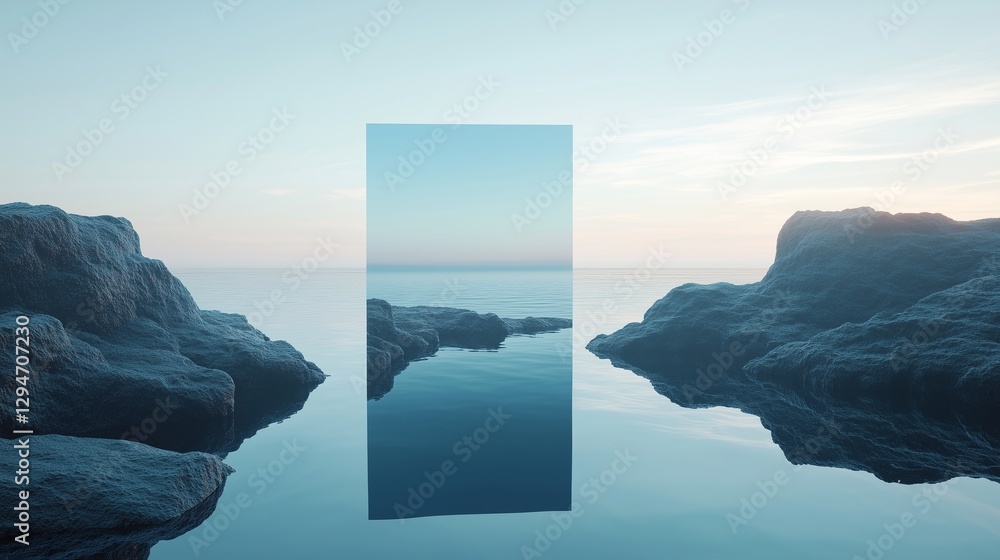 Poster 3d rendering a large open door in the ocean. abstract abstract rendering of a minimalist zen scene i
