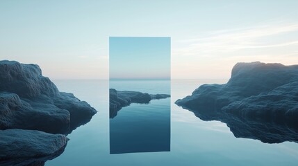 3d rendering a large open door in the ocean. Abstract abstract rendering of a minimalist zen scene in 3d. Seamless gradient of blue and white seascape wallpaper with a gradient of lifestyle white.