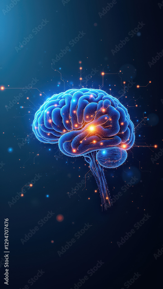 Poster illustration of a human brain with artificial neural connections representing artificial general int