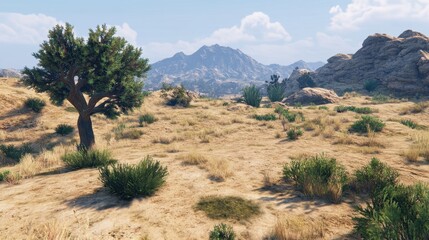 Fototapeta premium A serene desert landscape featuring sparse vegetation and distant mountains under a clear blue sky.