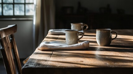 A rustic wooden table with three mugs and a napkin.