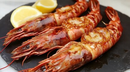 King Prawns with Garlic Butter and Lemon Wedges