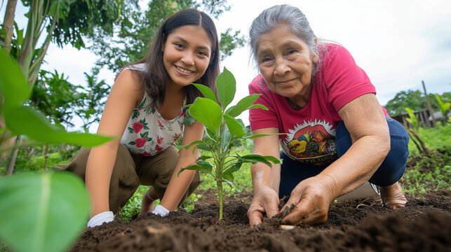 Senior farmer with young woman planting sapling, working together in verdant landscape nurturing growth and connection - Powered by Adobe