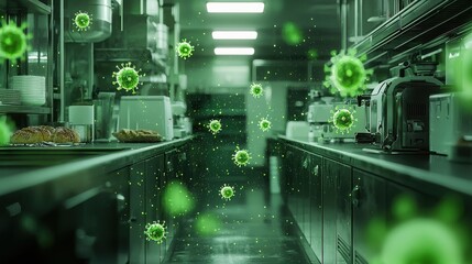 Fototapeta premium A dark, moody image of a commercial kitchen with green viruses floating throughout, suggesting contamination and unsanitary conditions. The scene is ominous and emphasizes food safety concerns.