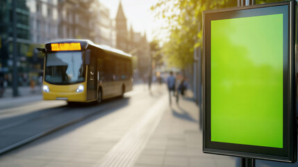 Obraz premium Green screen digital billboard standing near bustling transportation hub, passing bus visible behind blank advertising display