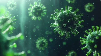 Obraz premium Microscopic view of viruses, illuminated with a soft green glow. The detailed rendering showcases the intricate structures of these pathogens.