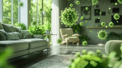 Microscopic viruses float in a bright, plant-filled living room, showcasing the unseen dangers of airborne illnesses.  Cleanliness and fresh air are vital for a healthy home.