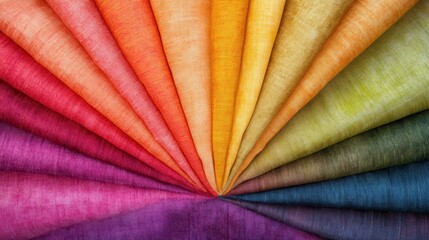 Vibrant array of multi-colored fabric swatches displayed in a fan pattern, showcasing a spectrum of shades from orange to purple.