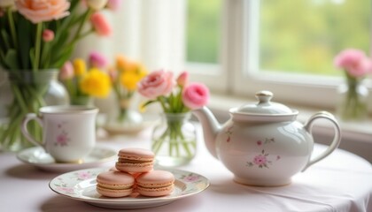 Fototapeta premium Elegant afternoon tea with flowers, tea, and colorful macarons beside a bright window in a cozy setting
