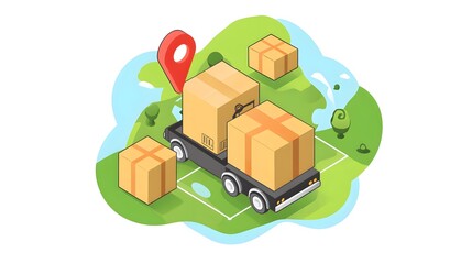Delivery truck transporting packages through a green landscape with location pin marker