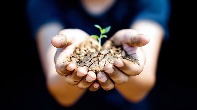 Weathered farmer's hand cradling seedling emerging from parched, fractured earth, representing agricultural perseverance amid environmental challenges