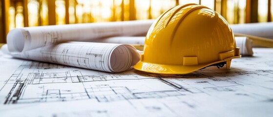 Construction blueprint and hard hats: detailed architectural plans for safe building projects and ensuring worker safety