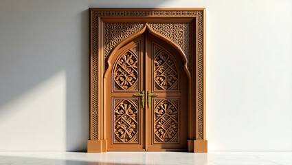 Intricate Carved Wooden Double Doors Islamic Arch Design Elegant Brown Home Decor Luxury Entrance Rich Detailed Ornament Arabic Style Architectural   