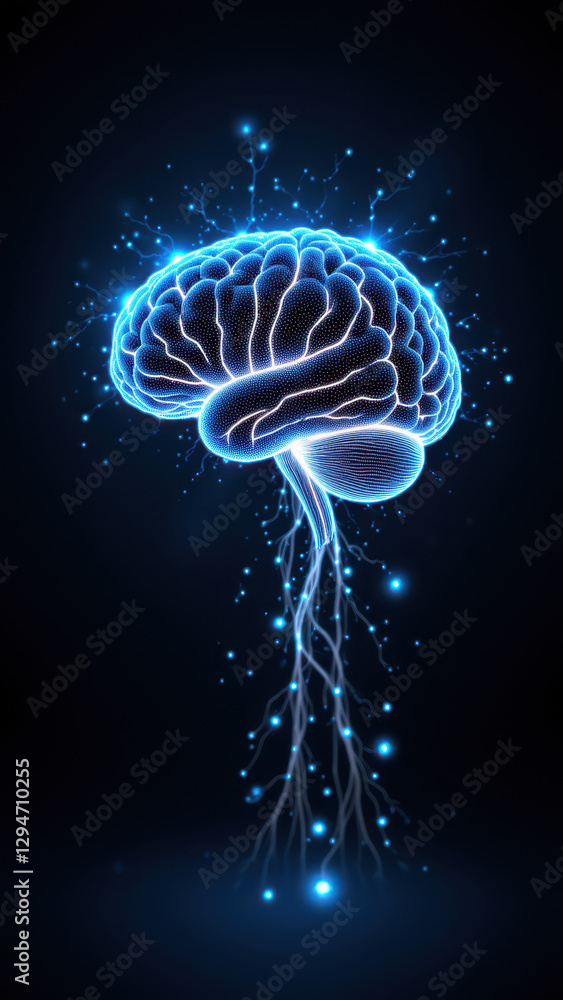 Poster an artistic representation of artificial general intelligence with a glowing brain emblem and sparkl