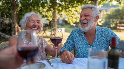 Senior friends laughing and raising glasses of red wine, enjoying a cheerful garden party together