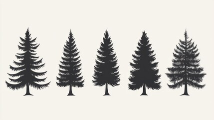 Fototapeta premium Silhouettes of various evergreen trees showcasing unique shapes and sizes, perfect for nature-themed designs.