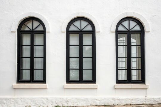 Fototapeta Elegant Architectural Design Featuring Three Black Framed Windows Against a White Wall