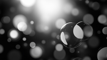 Two translucent soap bubbles shimmer against a muted black background, creating a starry atmosphere.