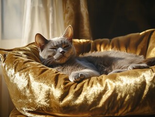 Elegant cat lounging on a luxurious golden velvet bed in a sunlit room
