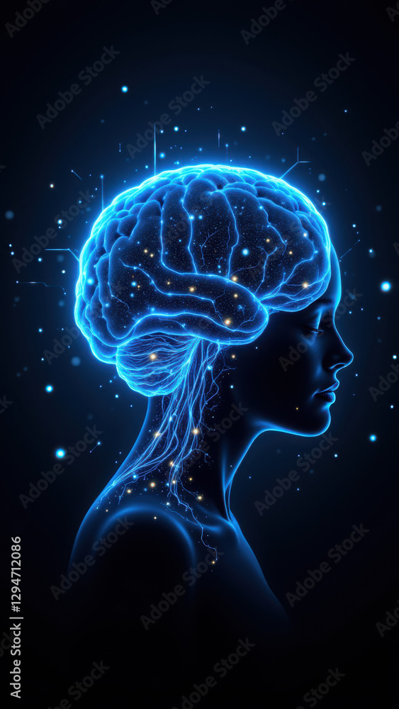 Poster a person's head with a neural network visible on their brain, representing artificial general intell