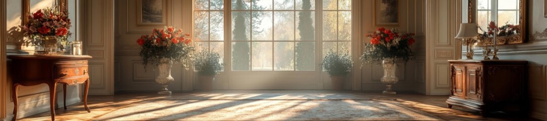 Obraz premium Bright Room with Large Windows and Flower Decorations. Generative AI
