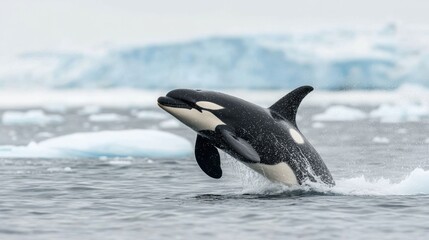 Fototapeta premium Majestic Orca Whale Breaching in Icy Arctic Waters