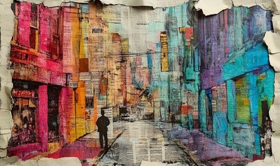 Fototapeta premium Colorful abstract cityscape with textured street and lone silhouette.