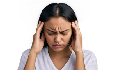 Young Woman Holding Temples in Pain, Suffering from Headache (Transparent Background)
