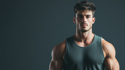 Fototapeta premium A Man in His 20s Standing Confidently with a Relaxed Stance, Showcasing His Muscular Build in a Sleeveless Shirt Against a Solid Gray Background