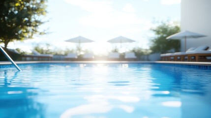 Fototapeta premium Tranquil Swimming Pool Surrounded by Lush Greenery and Sunlight