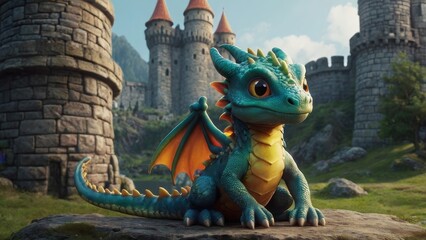 Fairy tale dragon in front of the medieval castle. Fairy tale