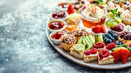 Exquisite dessert platter featuring assorted miniature cakes and fresh fruits