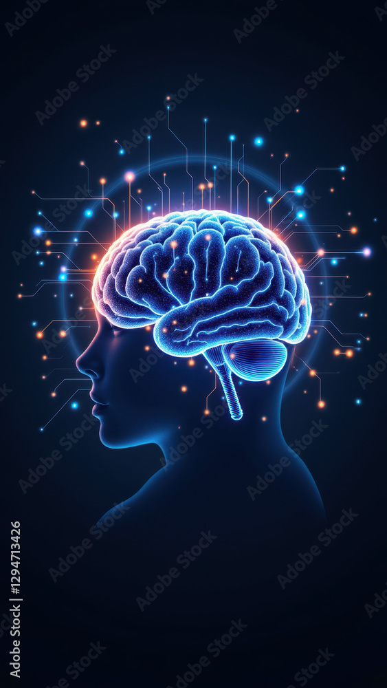 Poster ai concept with human brain and glowing particles, representing artificial general intelligence.
