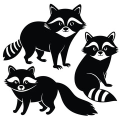 Obraz premium Playful Raccoons in Black and White Silhouette Clipart Vector Collection set 
