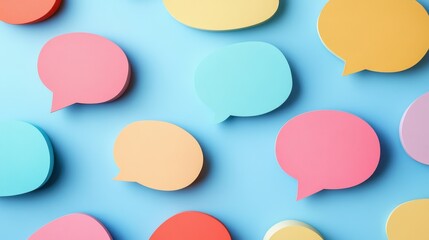 Colorful speech bubbles of various shapes and sizes on a blue background, creating a vibrant and playful visual.