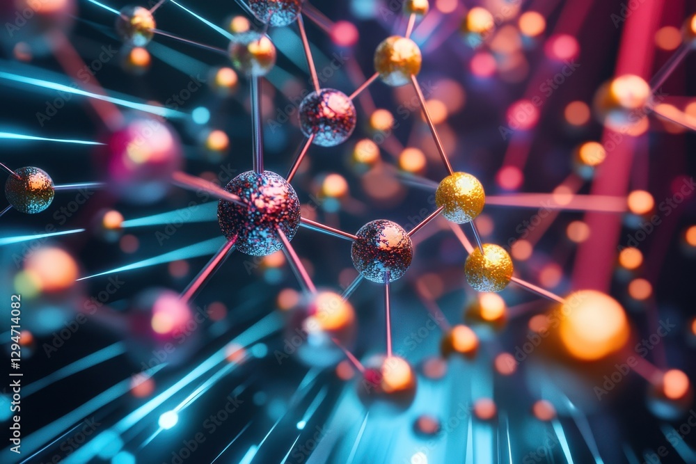 Poster colorful representation of molecular structures with glowing particles and dynamic connections