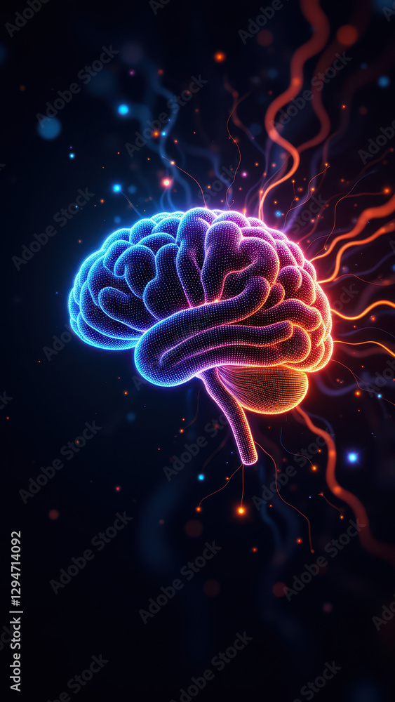 Poster illustration of human brain with neural activity visualized through vibrant colors and spark-like pa