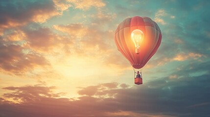 Naklejka premium Man in hot air balloon. Innovation is the key to a successful solution to improve creativity. Businessman and open minded leader in a balloon. A person in a hot air balloon lifestyle.