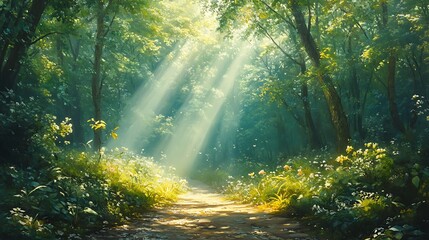 Obraz premium Lush green forest path sunlight beams nature high resolution hd Images